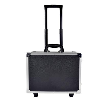 China New Rolling Rolling Style Black Ware Aluminum Trolley Case Rolling Travel Jewelery Packaging Carrying Case With Trays for sale