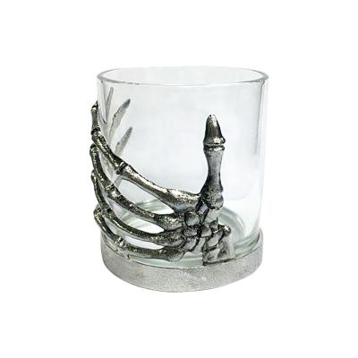 China With Skeleton Hand Stemless Straight Glass With Skeleton Hand Holder, Metal Stem Wine Glass for sale