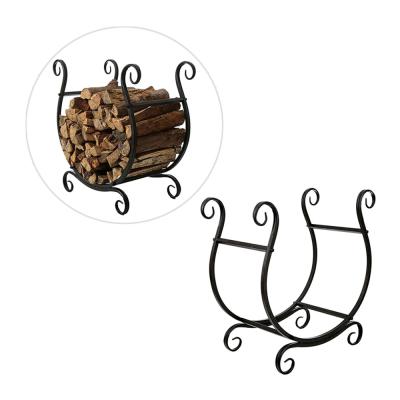 China Freestanding KD Oniya Black Scrollwork Firewood Rack Fireside Log Storage Rack For Outdoor Fireplace Accessories for sale