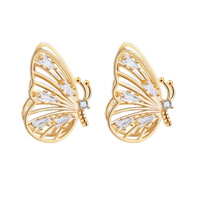 China Fashionable CLASSIC Mini Gold Plated Butterfly Wings Earrings 925 Small Needle Silver Zircon Butterfly Earrings for sale