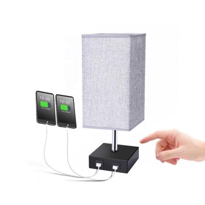 China Modern Bedside Lamps with 2 USB Charging Ports for Bedroom Nightstand Lamp with Gray Fabric Shade for sale