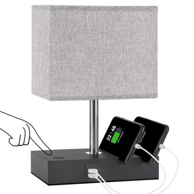 China Modern Bedside Lamp With USB Port Table Touch Control Lamp For Bedroom Wooden Nightstand Dimmable Lamp for sale