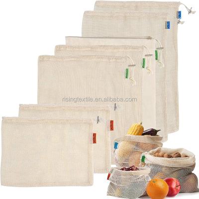 China Eco-friendly Reusable Organic Cotton Produce Bags Set With Drawstring For Grocery Fruit Vegetable Cotton Mesh Laundry Bag Washable for sale