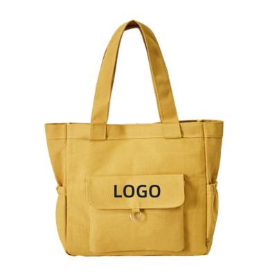 China Wholesale Yellow Rope Handle Large Canvas Tote Bag With Outside Pockets for sale