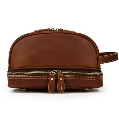 China Vintage Men Genuine Leather Travel Wash Cosmetic Bag Hanging Double Toiletry Bag for sale