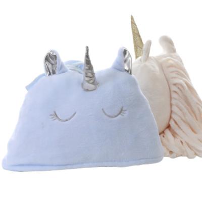 China Anti-pilling Small Unicorn Portable Sherpa Travel Portable Blanket With Pocket Hood Pillow Blanket Shawl for sale