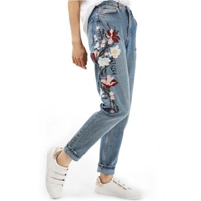 China New Coming Breathable Most Popular Spandex Washed Moto Floral Embroidered Leg Straight Jeans For Women for sale