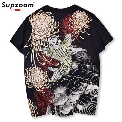 China 2022 New Arrival Breathable Animal Summer Supzoom Hot Sale Mens Goods Embroidery Brocade Carp With O-neck Short Cotton Casual Tattoo T-shirt for sale