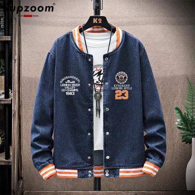 China New Arrival Letter Rib Sleeve Cotton Print Fashion Logo Loose Supzoom Coat Single Breasted Casual Breathable Denim Jacket Baseball Bomber for sale