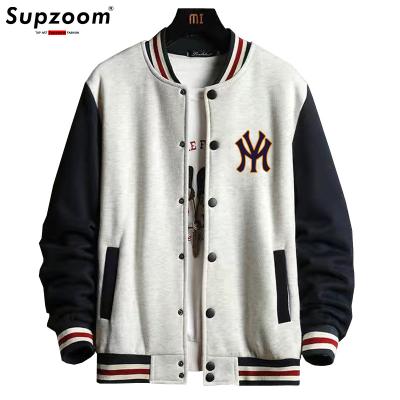 China New Arrival Letter Rib Sleeve Cotton Fashion Logo Breasted Loose Casual Bomber Jacket QUICK DRY Baseball Loose Supzoom Cardigan Coat for sale