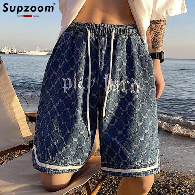 China Ulzzang Fashion Ulzzang Summer Hot Top Elastic Embroidery Loose Plaid Cowboy 2022 New Arrival Cowboy Plaid Jeans Shorts Men for sale