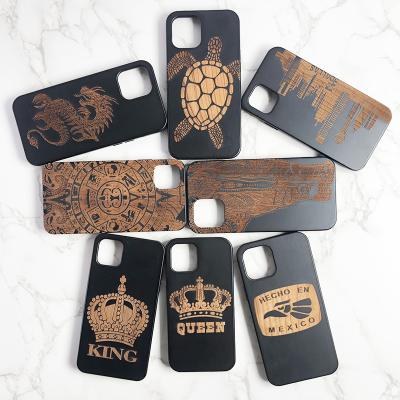 China Corner Four Protect Newest Cherry Engraved Wood Case TPU Shockproof Black View Hard Cover For Iphone 12 mini 11 pro XR max XS MAX Shockproof Smartphone Shell for sale