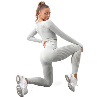 China Sports waterproof seamless yoga net quick-drying hole fitness long-sleeved striped pants autumn and winter new yoga wear suit for sale