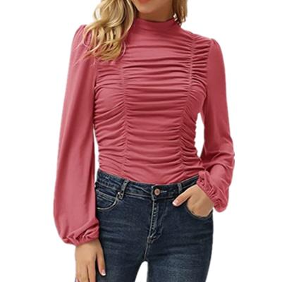 China The other women's style solid color lantern autumn and winter new long sheath thin T-shirt women pleated collar top for sale