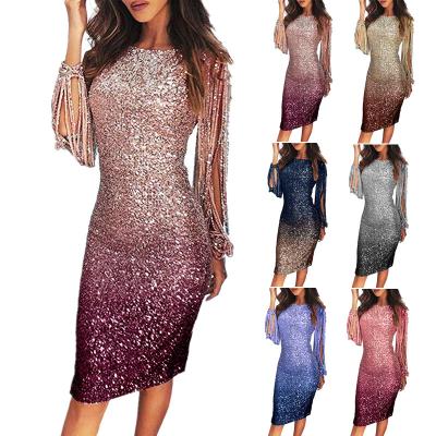 China Best Selling Women's Sequined Dinner Dress Breathable Long Sleeve Gradient Tassel Dress Evening Wear for sale