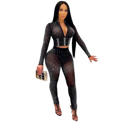 China European and American nightclub new style factory two-piece long-sleeved suit breathable hot drillingVWomen's collar pants direct sales for sale