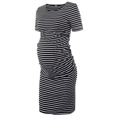 China Antibacterial Pregnant Summer Dresses O Neck Short Sleeve Striped Casual Maternity Dress for sale