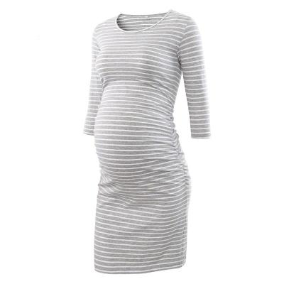 China Wholesale Antibacterial Casual O-neck Simple Striped Maternity Dress for Pregnant Women in Spring and Summer for sale