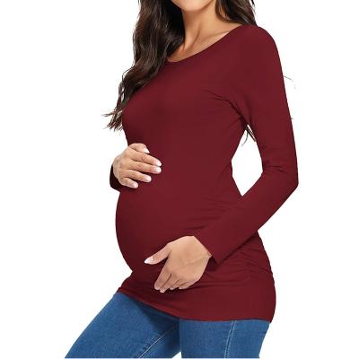 China Antibacterial O-Neck Breastfeeding T-Shirt Solid Color Long Sleeve Pregnant Women Nursing Tops for sale