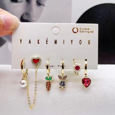 China Chaobao Crystal Link Chain Dangle Earrings Set Fashion Cute Rabbit Carrot Flower Heart Pearl Design Pending Earrings Set For Girl Women for sale