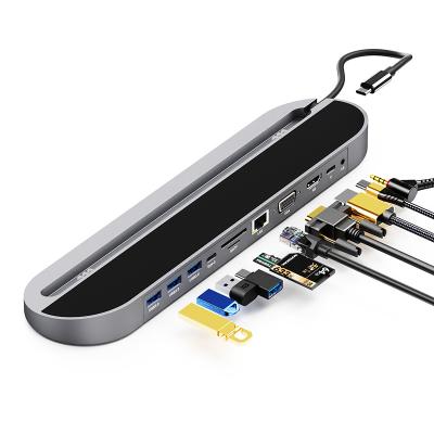 China Left Extension New 11 in 1 USB C Hub Docking Station RJ45 Gigabit Ethernet 4K HDTV VGA USB 3.0 Splitter Adapter for Macbook Pro USB Hub for sale