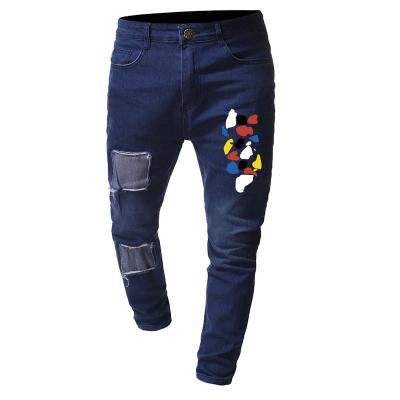 China Sustainable Custom OEM Logo Men's Ripped Patch Printed Slim Jeans for sale