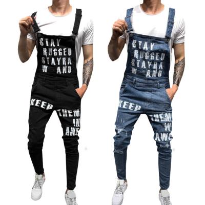 China Sustainable Street Fashion Letter Print Denim Bib Overall Ripped Skinny Jeans for sale