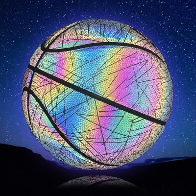 China Sports Training Game.Sports Custom Logo Holographic Reflective Glowing Glow In The Dark Basketball Night Training Ball for sale