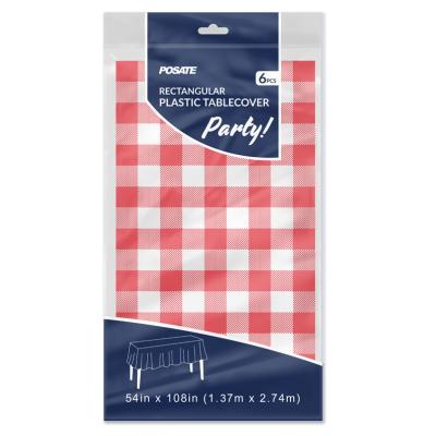 China Disposable 6 Packs Heavy Duty Solid PEVA 54*108 Inches Disposable Thick Plastic Red And White Plaid Party Table Cloth for sale