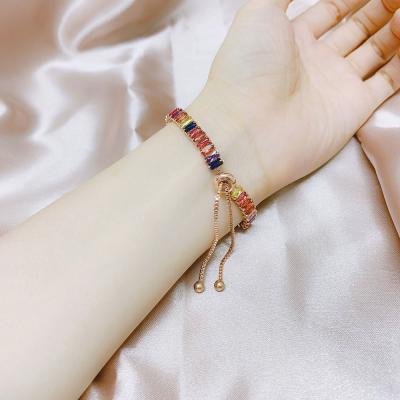 China Amazon Women Jewelry Slide Lock Chain Rose Gold Plated Rectangular Rainbow CZ Trendy Environmental Friendly Tennis Adjustable Bracelet for sale