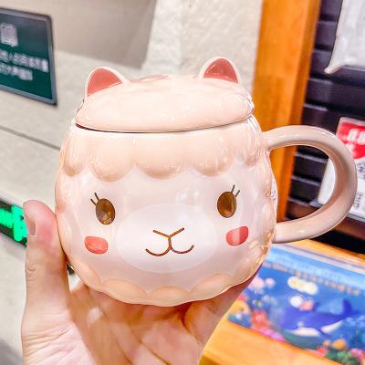 China Lelyi Cartoon Sustainable Cute Alpaca Ceramic Cup Korean Household Mug With Lid Wholesale for sale