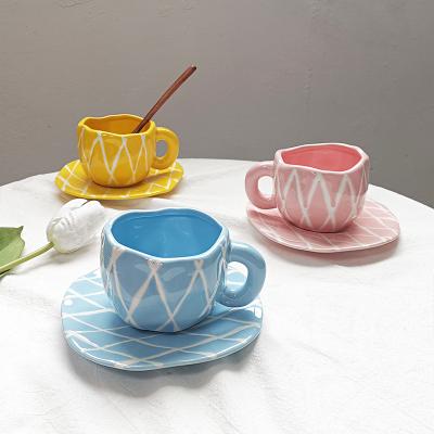 China Lelyi Statistically Rhombus Coffee Cup And Saucer Sustainable Korean Ceramic Couple Afternoon Tea Cup for sale