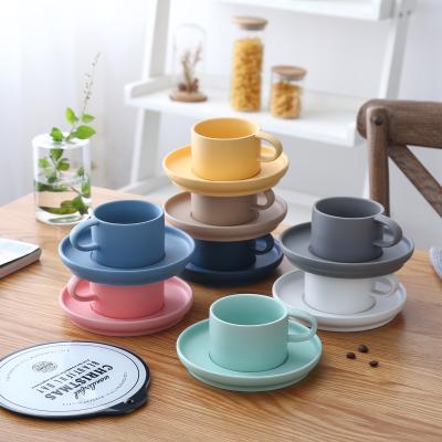 China Sustainable Lelyi Macaron Matte Frosted Ceramic Cups Coffee Cup And Saucer for sale