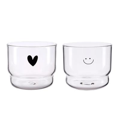 China Lelyi Viable Stackable Clear Milk Glass Mug With Love Smiley Face Breakfast Glass Mug for sale