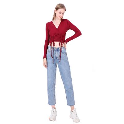 China 2021 Fashionable Polyester Spandex Ladies QUICK DRY Stylish Red Women Long Sleeve Crop Top for sale