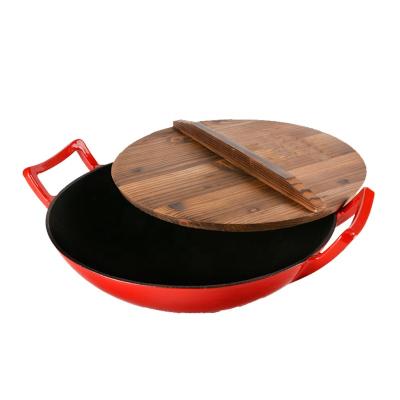 China Factory Price Sustainable Hand Made Cast Iron Red Enameled Wok With Lid for sale