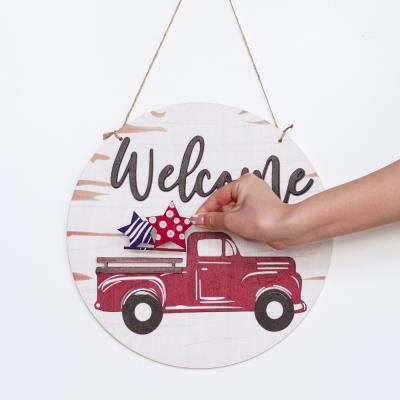 China Welcome Europe Winder Truck Sign for Front Door Red Truck Decor with Icons Interchangeable Seasonal Farm Wooden Wall Hanging for sale