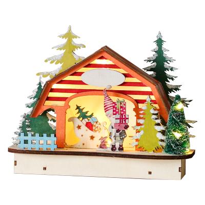 China Eco-friendly Wooden Lighted Cabin Colored Cottage Christmas Decorations DIY Assembling Small House Christmas Ornaments For Kids Children for sale