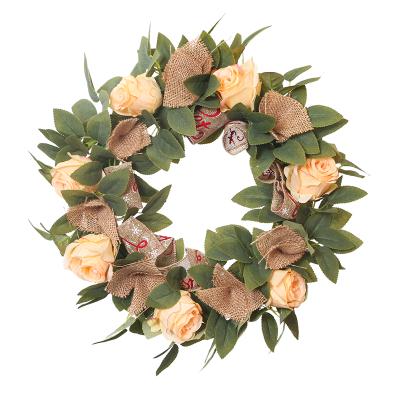 China Eco-Freindly Rose Flower Wreath Handmade Champagne Floral Artificial Spring Garland Wreath for Front Door Wall Wedding Party Home Decor for sale