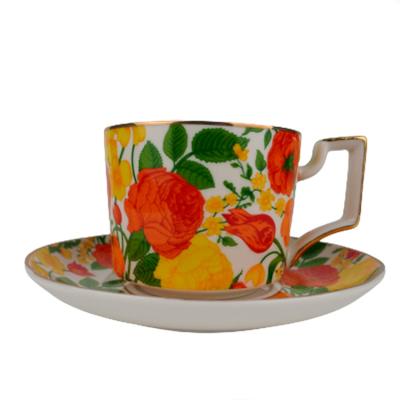 China Sustainable British Bone China Cups and Saucers Colorful Nordic Fine Coaster Coffee Mugs Cup Tea Set Flower Design Porcelain Cup and Saucer for sale