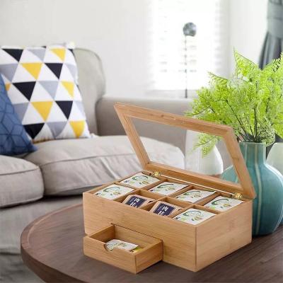 China Premium 8 Compartments Biodegradable Lid Bamboo Tea Box Organizer Transparent Tea Chest With Slide Out Drawer Bamboo Box for sale