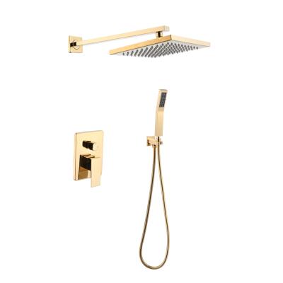 China Without Slide Bar Gold Square Wall Mount Shower Set Head With Hand Held Bathroom Concealed Shower Faucet Mixer for sale