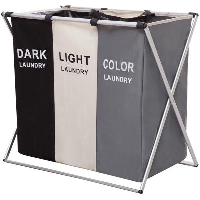 China Sorter 3 Folding Bag Big Folding Laundry Hamper Laundry Hamper With Lid Dark And Light Cloth Divided Small MOQ Wholesale for sale