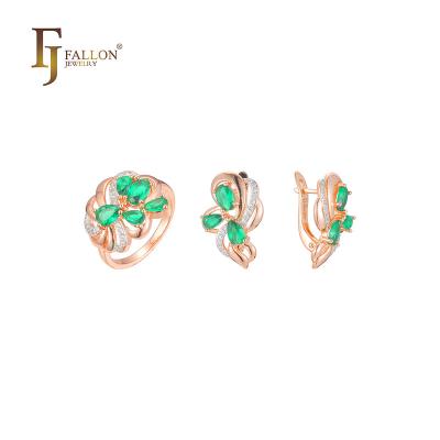 China F91200484 FJ Fallon Fashion Jewelry FASHIONABLE Luxurious Flower Cluster Green Jewelry Set Rose Gold Two Tone Brass Plated for sale