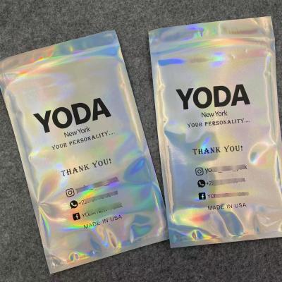 China Custom Logo Printed Plastic Smell Proof Cosmetic Foil Holographic Rainbow Color Self Adhesive Bags Shipping Mailer Bag for sale