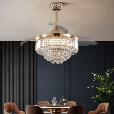 China 42Inch Modern Decorative Gold K9 Crystal Chandelier Ceiling Fan With Retractable Led Light For Home Restaurant for sale