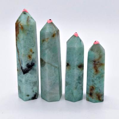 China China Natural Crystal Open Point Green Fluorite Stone Healing Hexagonal Column Obelisk Quartz Wand Tower For Home Decoration for sale