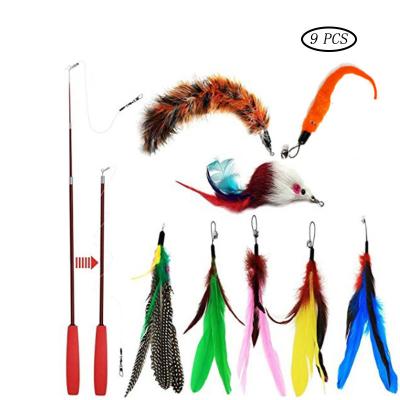 China Viable Interactive Feather Toys 2PCS Magic Wand Retractable Toy and 8 PCS Puzzle Refills Worm Bird Feather Toys for Indoor Pet for sale