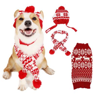 China New Sustainable Autumn Winter Season Christmas Warm Crochet Dog Cat Hat Set With Scarf Pet Christmas Hat And Scarf for sale