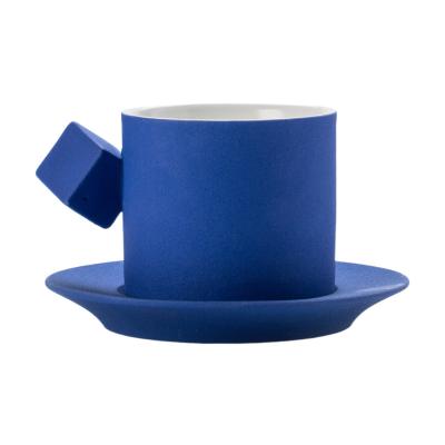 China Sustainable High End Handmade Simple Frosted Ceramic Coffee Cup And Saucer Cup Set Blue Color Matching Literary Nordic Couple Cup Sets for sale